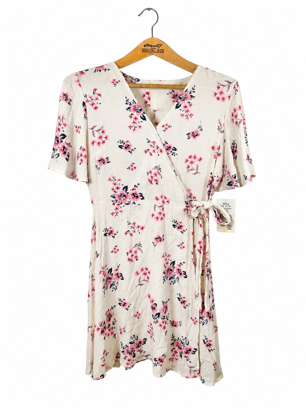 Rewind Floral Faux Wrap Dress Flutter Sleeve - Pink & White - Women's Medium‎